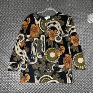 Vintage Superline Black Multi Color Abstract Floral Print Long Sleeve Women Top‎